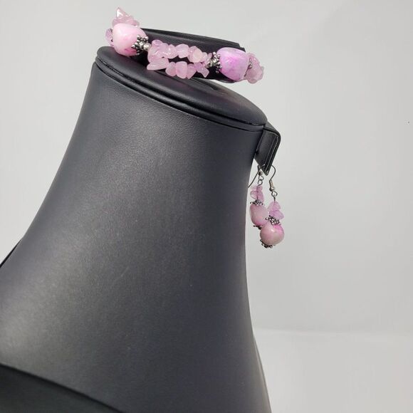 Natural Gem 2pc Set Pink Quartz Drop Earrings Pierced Bracelet Love Healing Gift - Picture 13 of 16